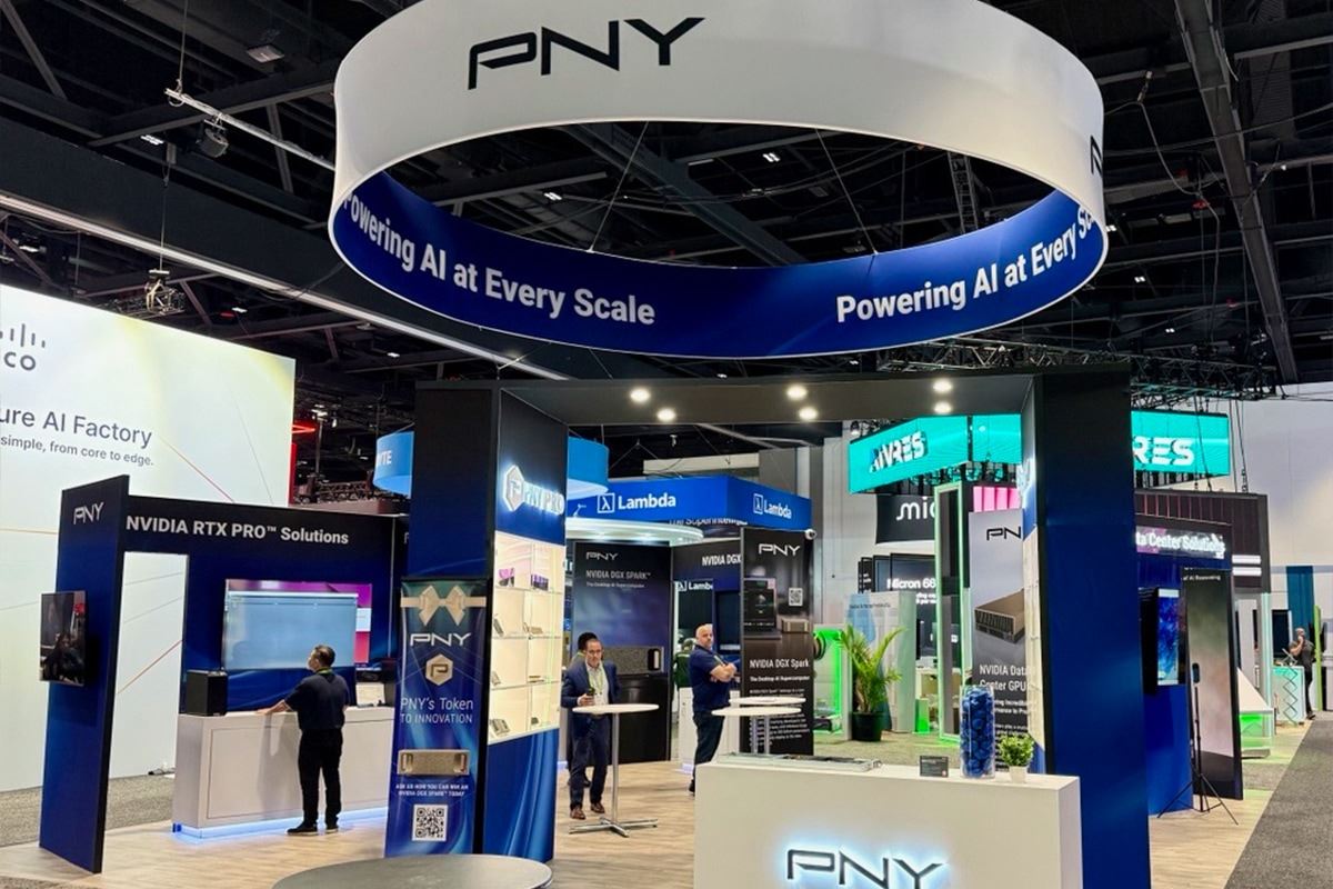 PNY booth showcasing NVIDIA RTX PRO and DGX Spark solutions at a technology conference