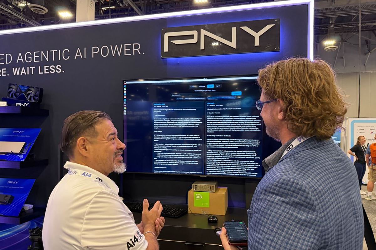 Attendee viewing an AI demonstration at the PNY booth