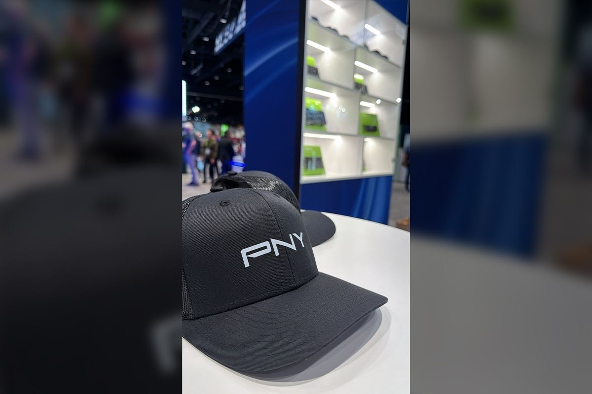 Black PNY branded hat displayed at the PNY conference booth