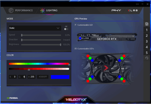 VelocityX App Lighting Tab Screenshot