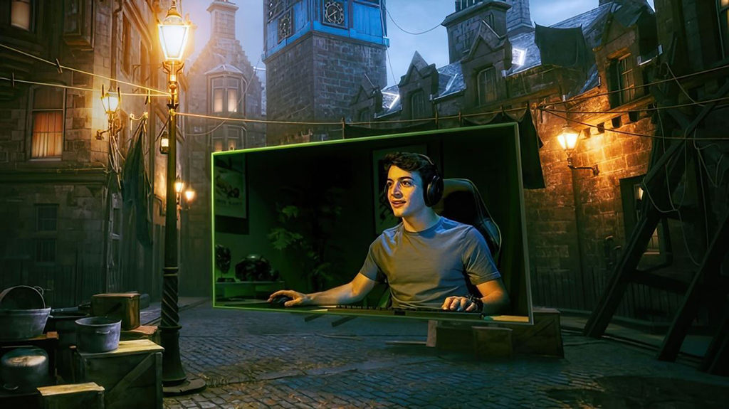 Gamer on Screen with Game in Background