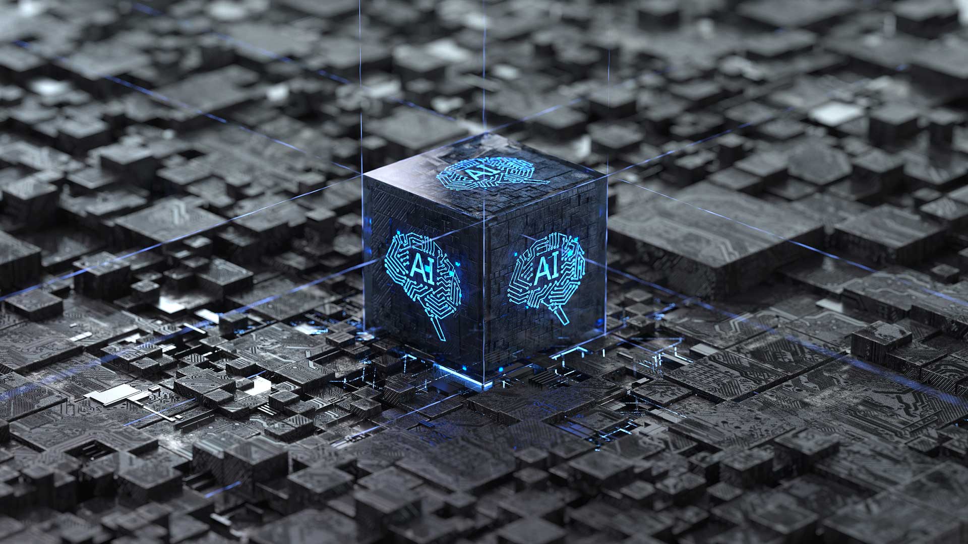 3D cube with AI brain on each side of the cube